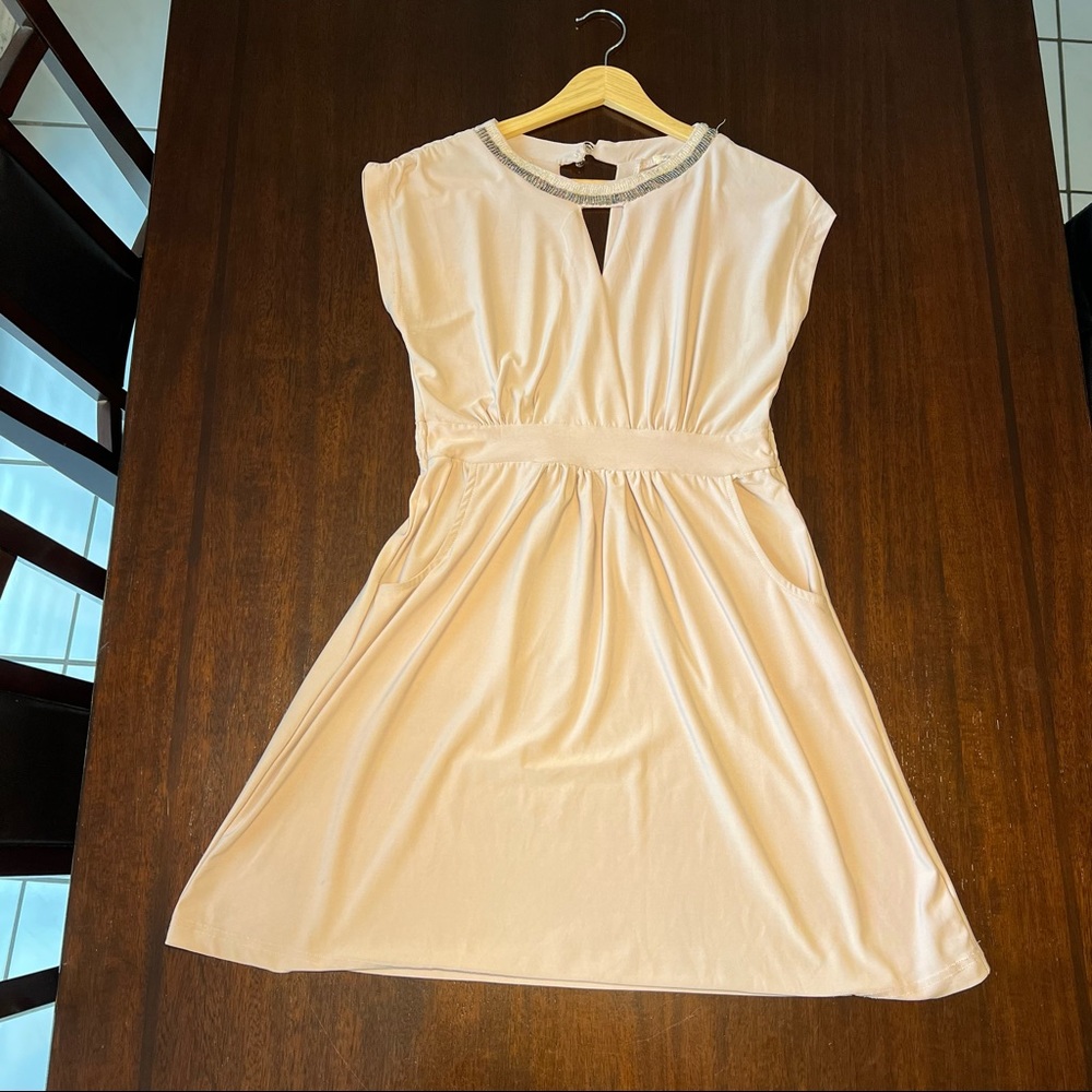 Katie blush mini dress with sequin neckline and pockets!